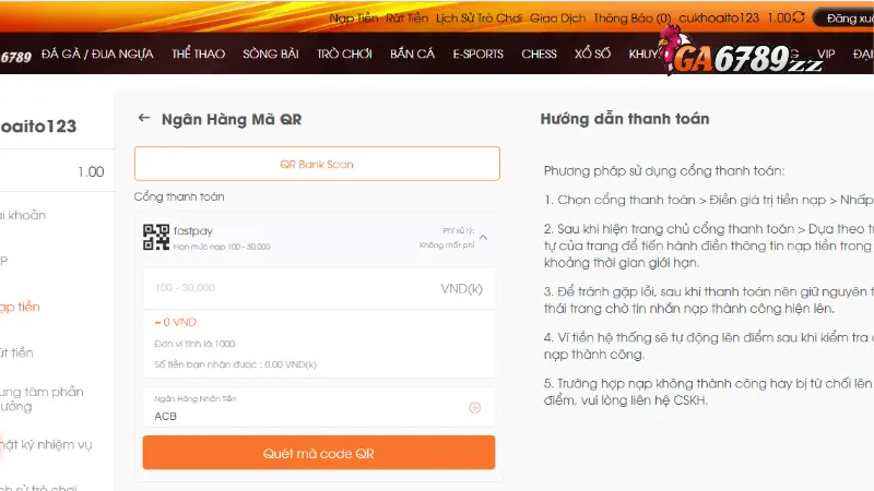 Hướng dẫn nạp tiền Ga6789